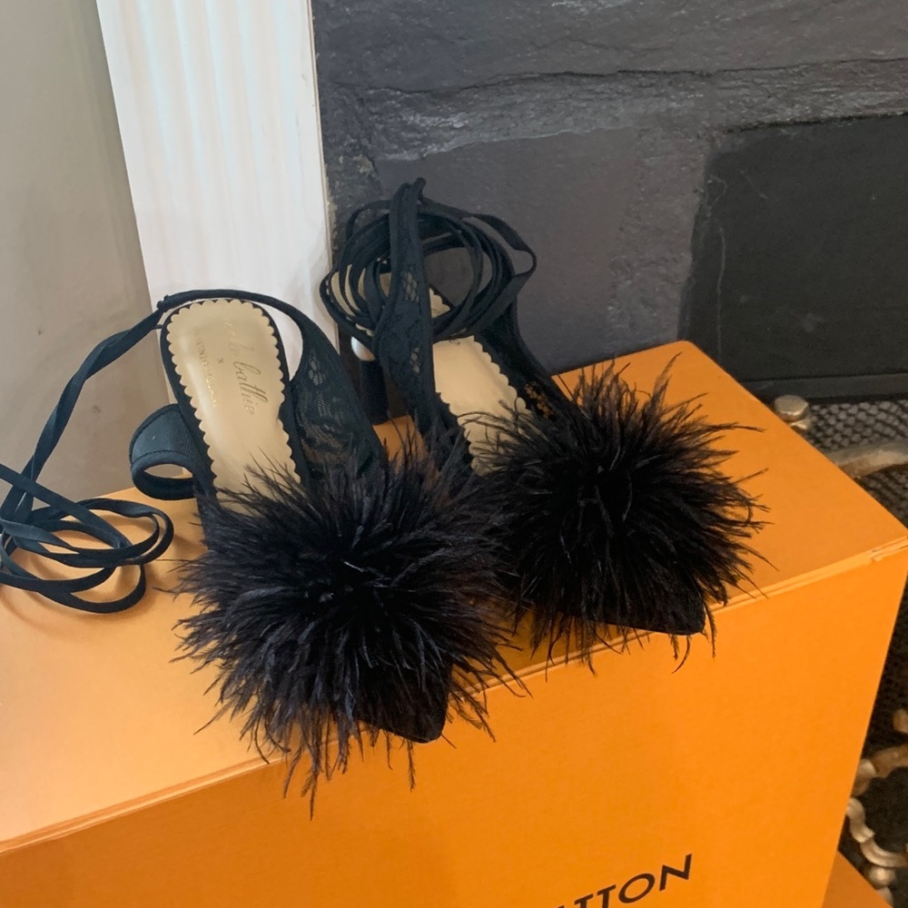 Nicola Bathie Black Feather Pom-Pom Lace-Up Heels